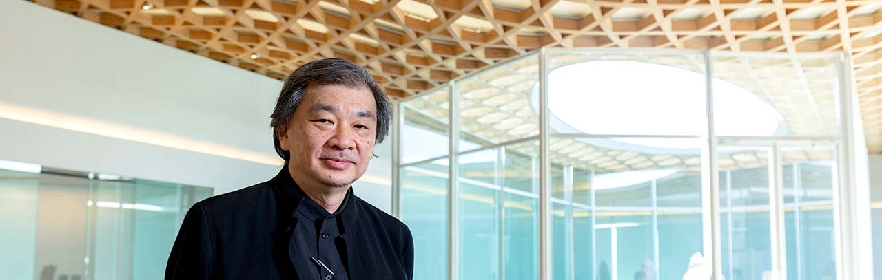 Shigeru Ban being interviewed at Oita Prefectural Art Museum (OPAM), which he designed.